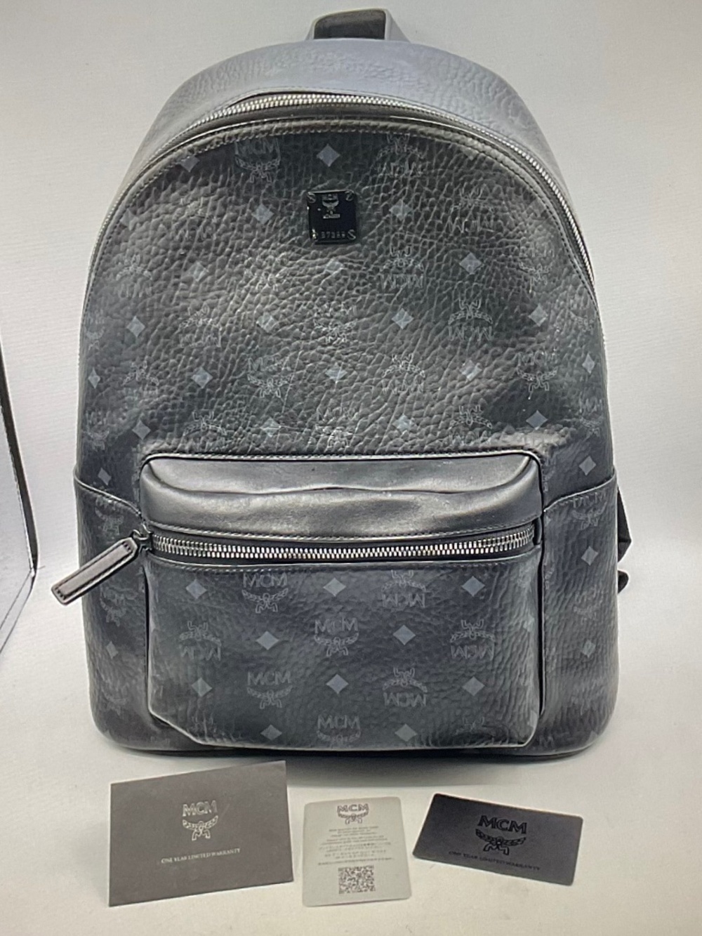 MCM B7399 Stark Visetos Monogram Medium Backpack Black With Cards.